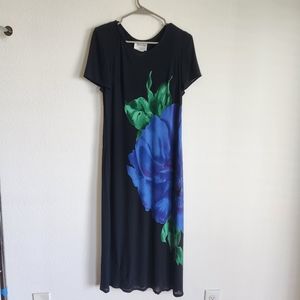 Vintage 90s Black,  Blue, and Green Floral Jeffrey & Dara Dress